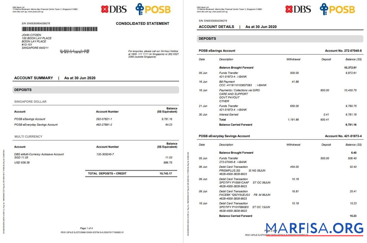 Printable Singapore DBS bank proof of address statement word 4 pages real example